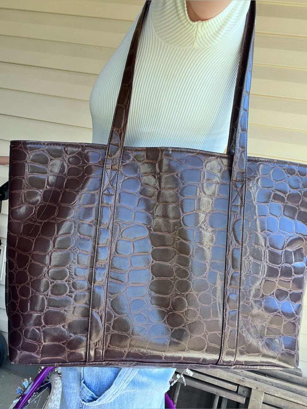Large Croc-Embossed Dark Brown Tote Bag - Chic Everyday Carry Ralph Lauren style